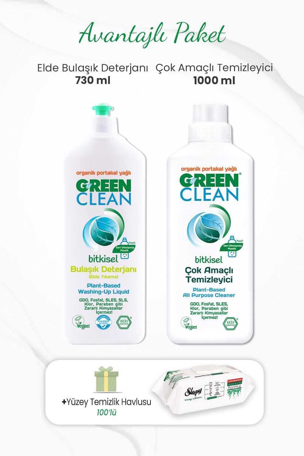 Green Clean Çok Amaçlı Temizleyici 1000 ml, Elde Bulaşık Deterjanı 730 ml ve 100lü Temizlik Havlusu