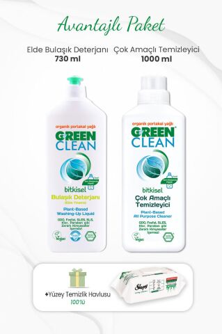 Green Clean Çok Amaçlı Temizleyici 1000 ml, Elde Bulaşık Deterjanı 730 ml ve 100lü Temizlik Havlusu