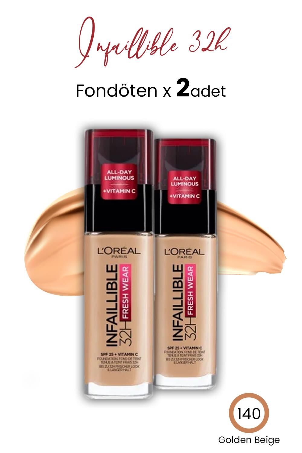Loreal Paris Infaillible 32H Fresh Wear Fondöten - 140 Golden Beige x 2 Adet