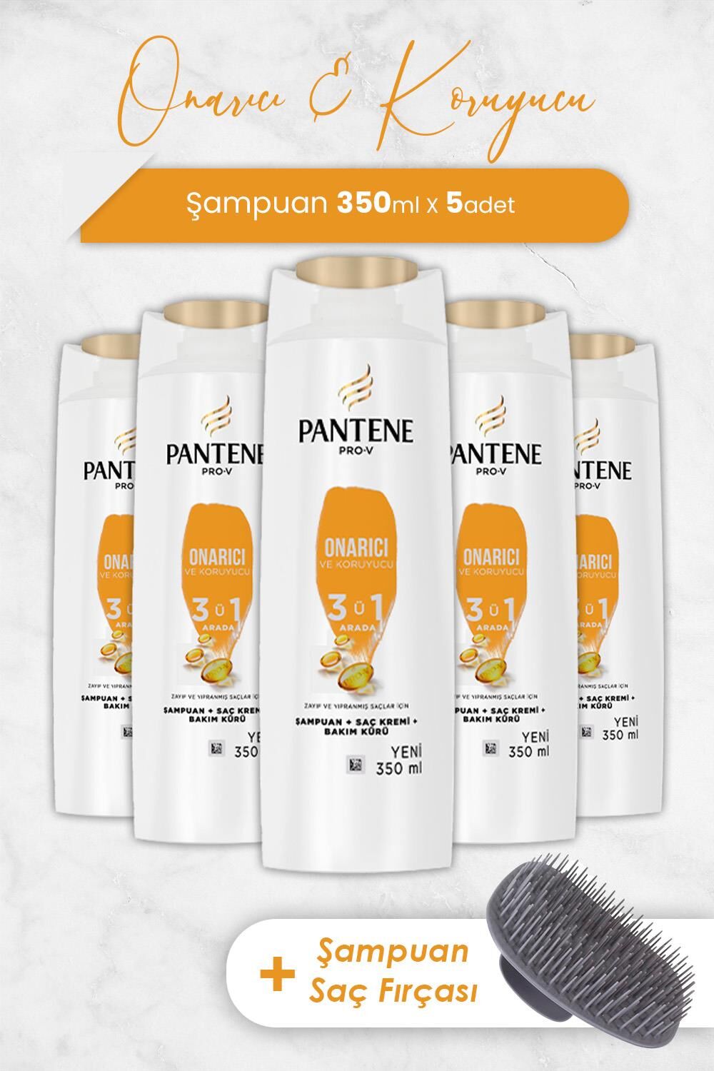 Pantene Şampuan Pro-V Onarıcı ve Koruyucu 3'ü 1 Arada 350 ml x 5 Adet ve Şampuan Fırçası