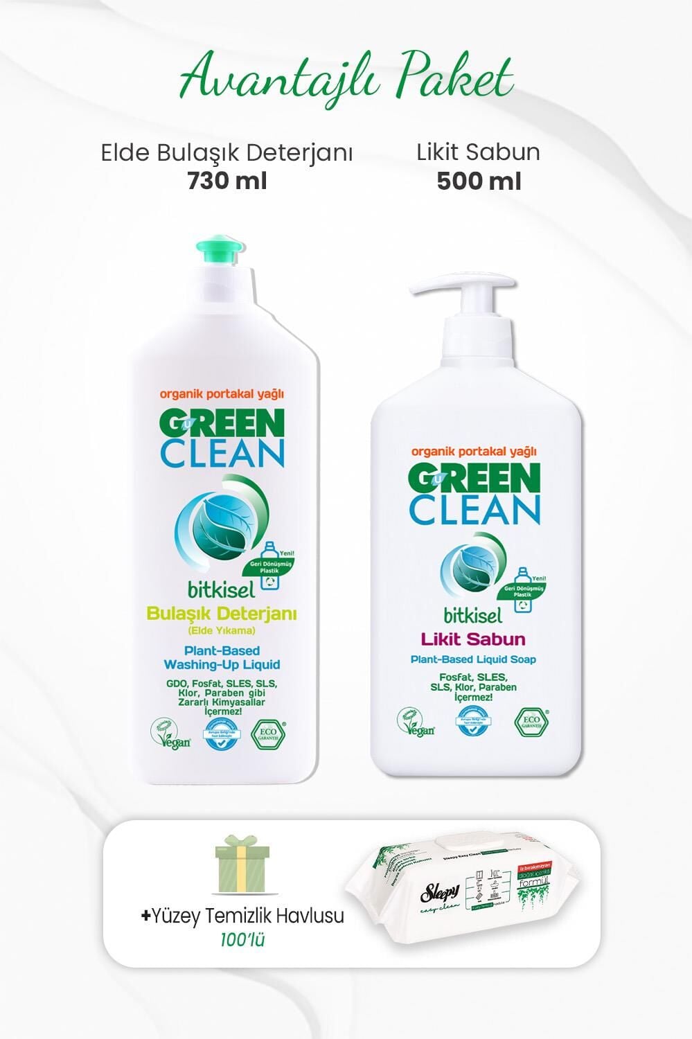 Green Clean Likit Sabun 500 ml, Bulaşık Deterjanı 730 ml ve 100'lü Temizlik Havlusu