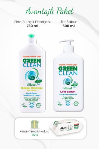 Green Clean Likit Sabun 500 ml, Bulaşık Deterjanı 730 ml ve 100'lü Temizlik Havlusu