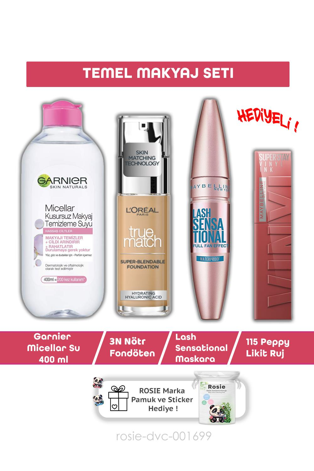 Maybelline Lash Sensational Maskara, 3N Nötr Fondöten, 115 Peppy  Ruj, Misel Su ve ROSIE