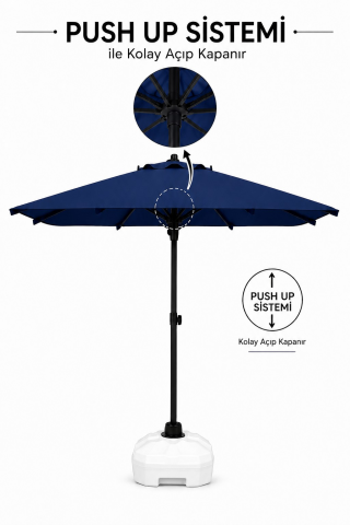 ALUBRELLA 210x210 cm Kare Bahçe Şemsiyesi Push Up Sistem 180 gr Polyester Kumaş 50 SPF UV Korumalı Lacivert, Bidonsuz