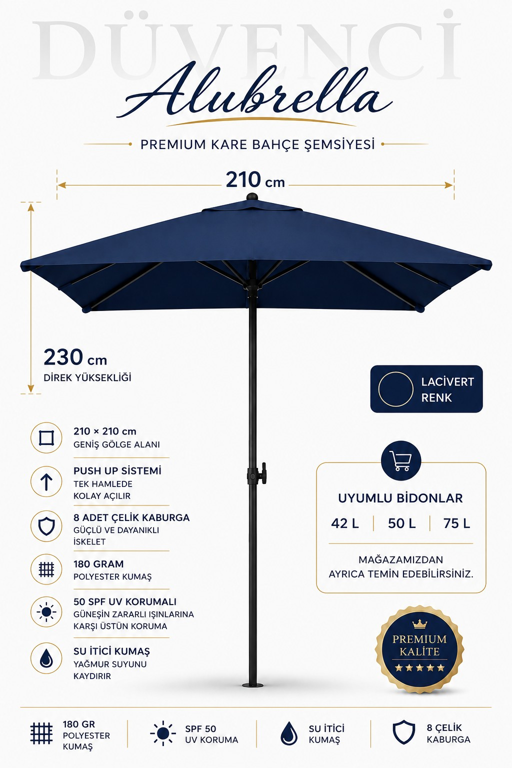 ALUBRELLA 210x210 cm Kare Bahçe Şemsiyesi Push Up Sistem 180 gr Polyester Kumaş 50 SPF UV Korumalı Lacivert, Bidonsuz