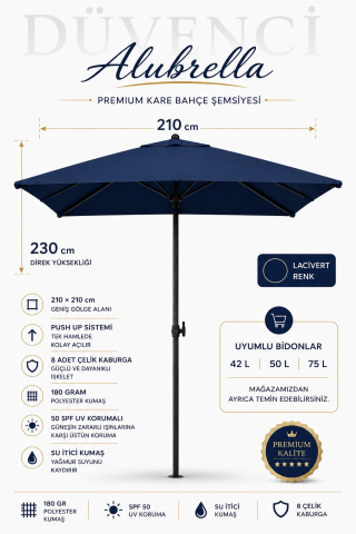 ALUBRELLA 210x210 cm Kare Bahçe Şemsiyesi Push Up Sistem 180 gr Polyester Kumaş 50 SPF UV Korumalı Lacivert, Bidonsuz