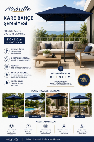 ALUBRELLA 210x210 cm Kare Bahçe Şemsiyesi Push Up Sistem 180 gr Polyester Kumaş 50 SPF UV Korumalı Lacivert, Bidonsuz