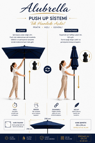 ALUBRELLA 210x210 cm Kare Bahçe Şemsiyesi Push Up Sistem 180 gr Polyester Kumaş 50 SPF UV Korumalı Lacivert, Bidonsuz