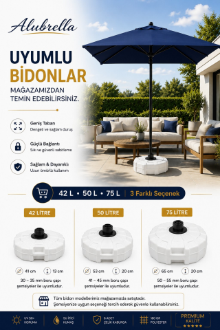 ALUBRELLA 210x210 cm Kare Bahçe Şemsiyesi Push Up Sistem 180 gr Polyester Kumaş 50 SPF UV Korumalı Lacivert, Bidonsuz