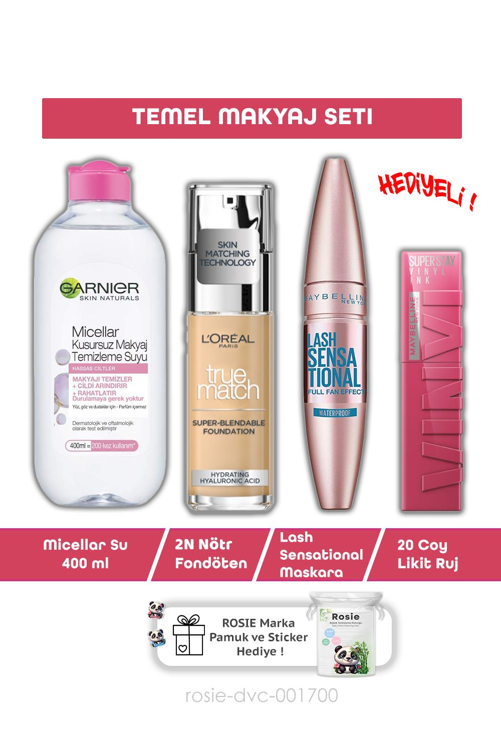 Maybelline Lash Sensational Maskara, 70 Amazonian Ruj, Vanilla 110 Fondöten, Misel Su ve ROSIE