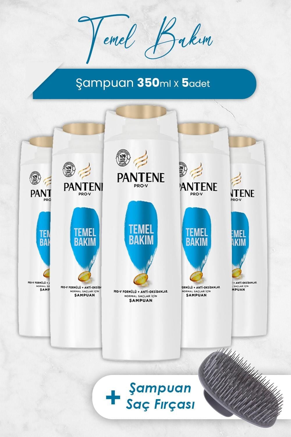 Pantene Şampuan Pro-V Temel Bakım 350 ml x 5 Adet ve Şampuan Fırçası