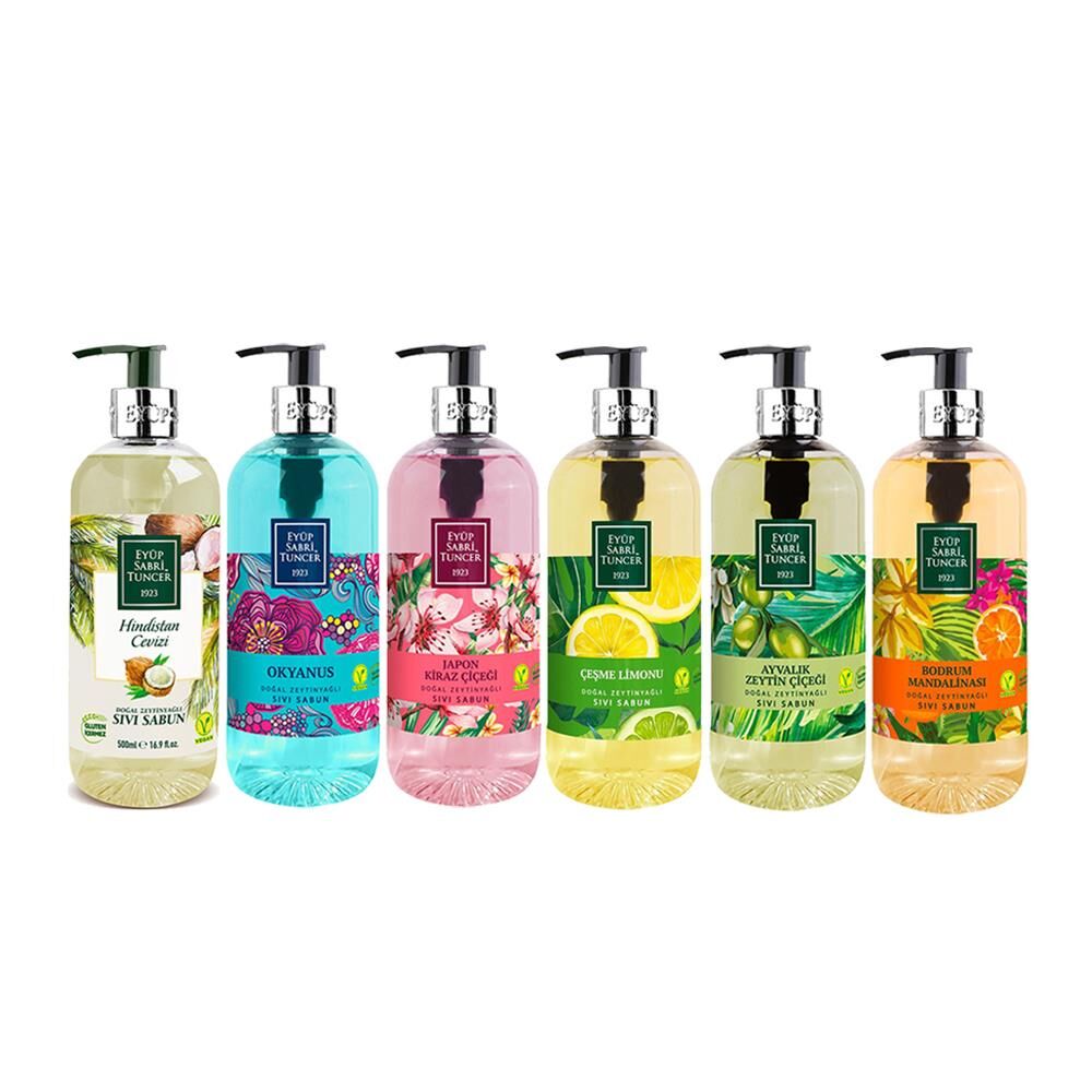 Eyüp Sabri Tuncer Sıvı Sabun Seti Ayvalık Zeytin Çiçeği, Çeşme Limonu, Japon Kiraz Çiçeği, Okyanus, Bodrum Mandalinası, Hindistan Cevizi 500 ML
