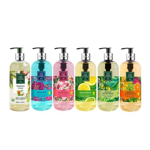 Eyüp Sabri Tuncer Sıvı Sabun Seti Ayvalık Zeytin Çiçeği, Çeşme Limonu, Japon Kiraz Çiçeği, Okyanus, Bodrum Mandalinası, Hindistan Cevizi 500 ML
