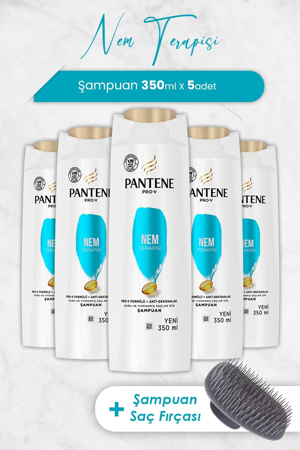 Pantene Şampuan Pro-V Nem Terapisi 350 ml x 5 Adet ve Şampuan Fırçası