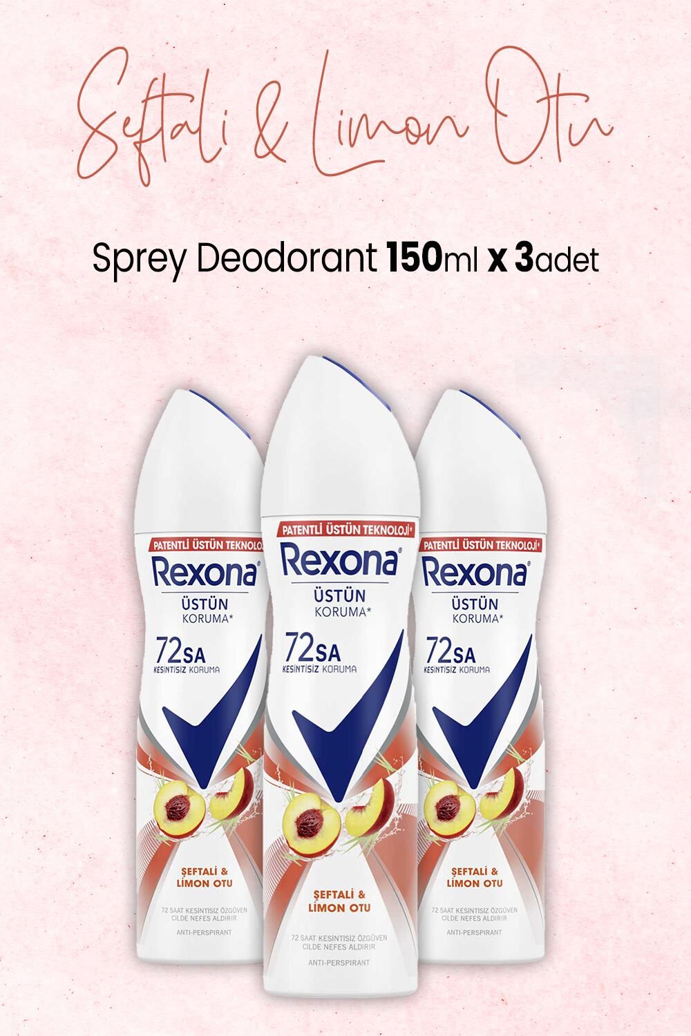 Rexona Kadın Sprey Deodorant Şeftali ve Limon Otu 150 ml x 3 Adet