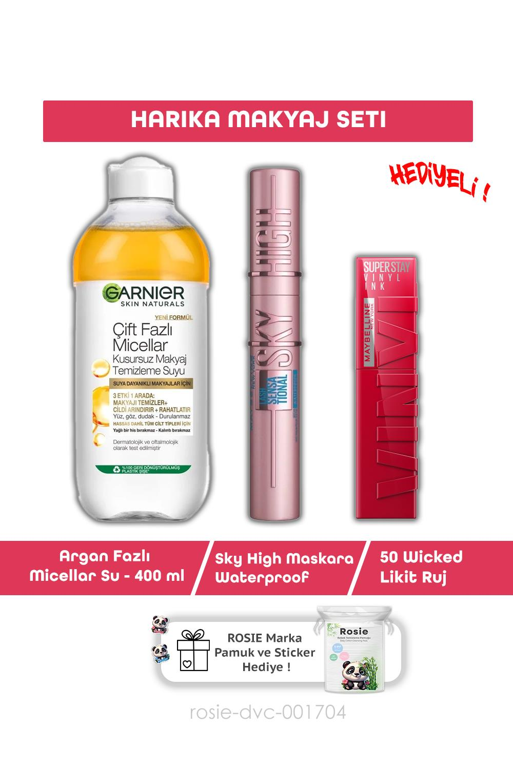 Maybelline Lash Sensational Sky High Maskara,Argan Misel 400 ml ,50 Wicked Ruj ve ROSIE