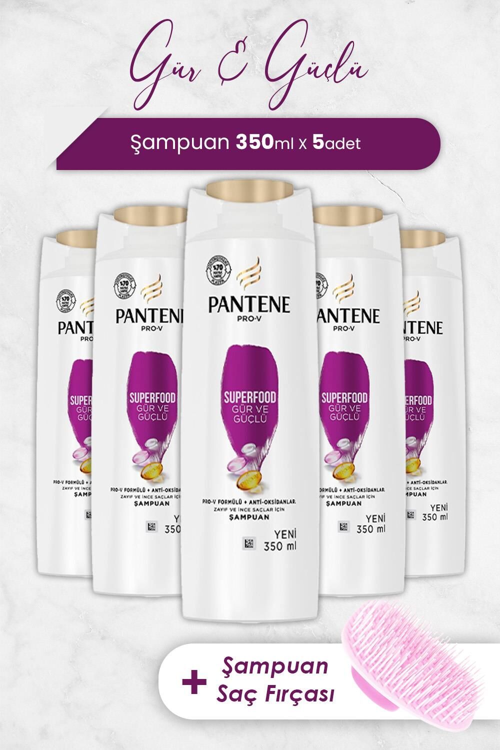 Pantene Şampuan Pro-V Superfood Gür ve Parlak Saçlar 350 ml x 5 Adet ve Şampuan Fırçası