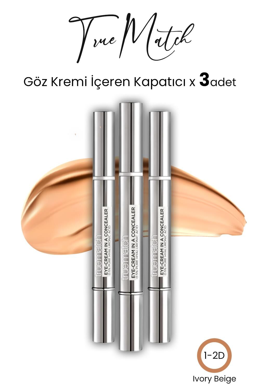 Loreal Paris True Match Göz Kremi İçeren Kapatıcı Ivory Beige 1-2D x 3 Adet
