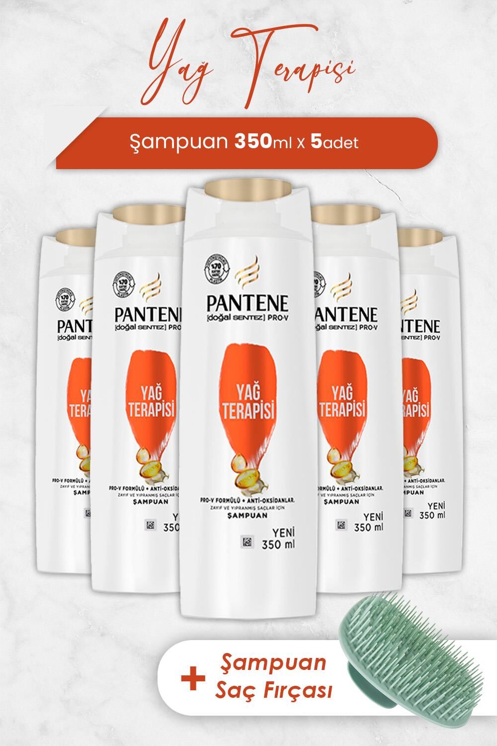 Pantene Şampuan Pro-V Doğal Sentez Yağ Terapisi 350 ml x 5 Adet ve Şampuan Fırçası
