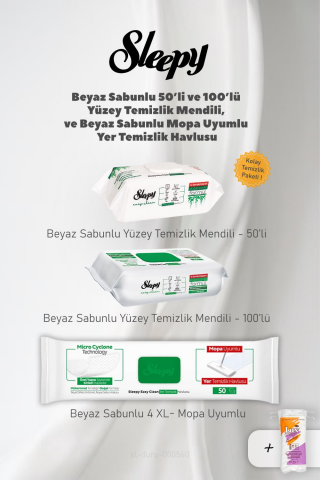 Sleepy Mopa Uyumlu 4 XL 50 li, Easy Clean Yüzey Mendili 2 Adet ve Pamuk
