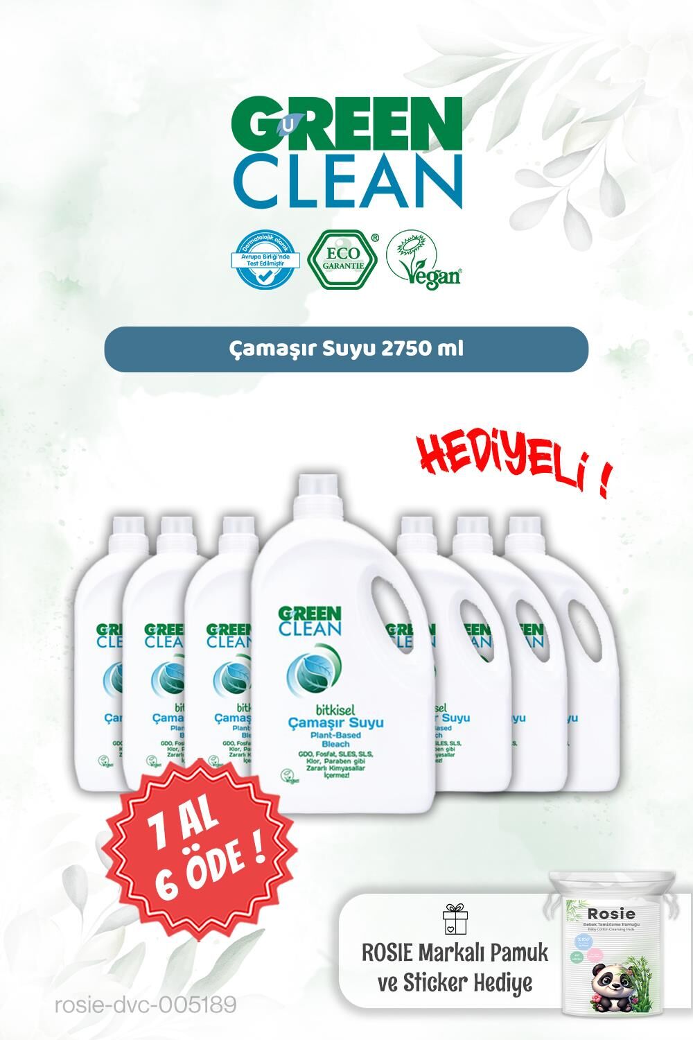 Green Clean 2750 ml Çamaşır Suyu 7 AL 6 ÖDE ve Rosie Hediye