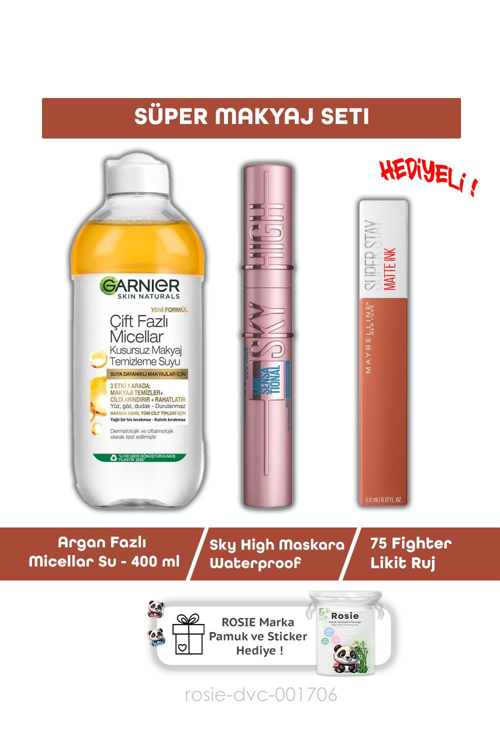 Maybelline Lash Sensational Sky High Maskara,Argan Misel 400 ml , 75 Fighter Ruj ve ROSIE