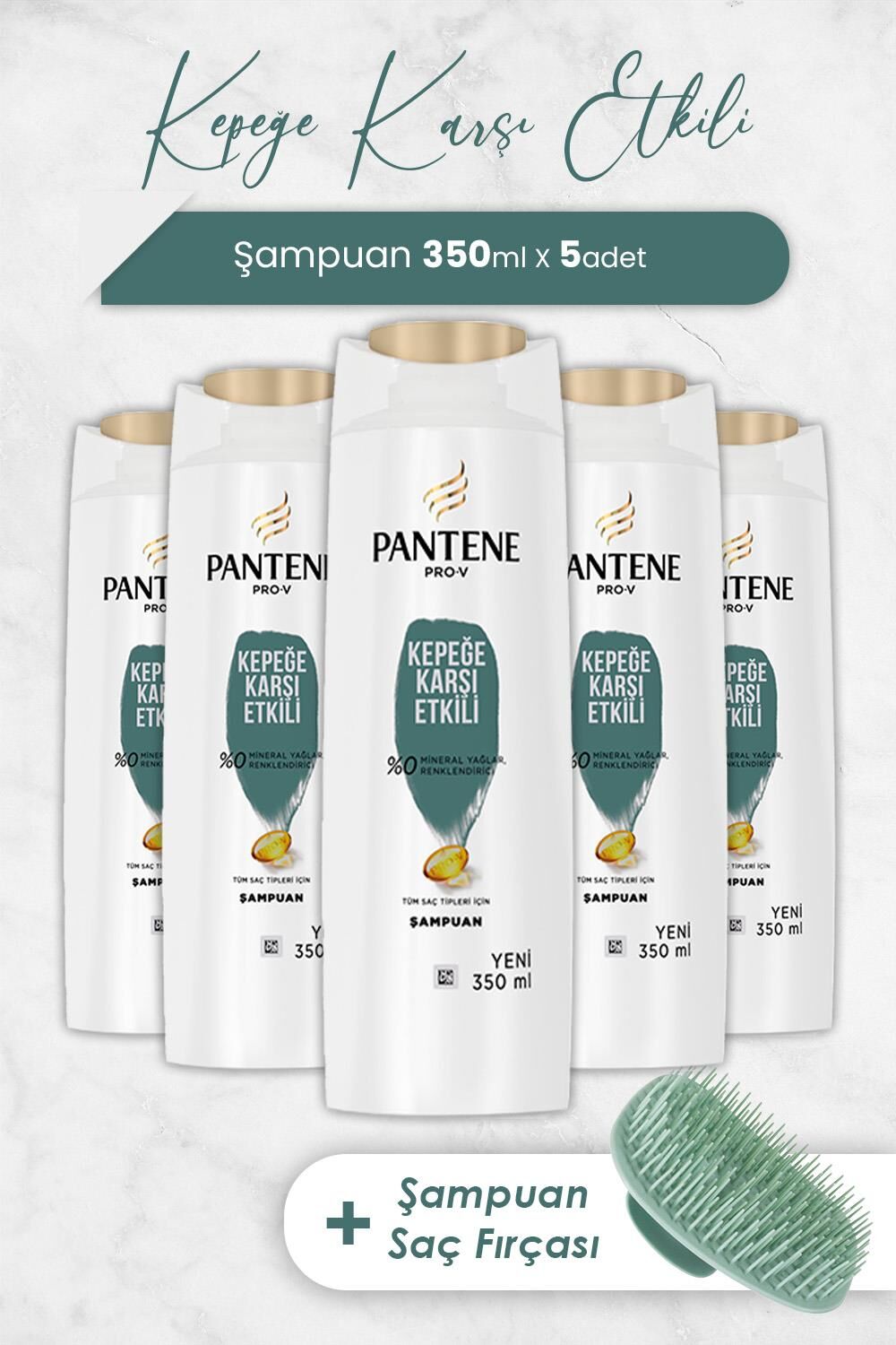 Pantene Şampuan Pro-V Kepeğe Karşı Etkili 350 ml x 5 Adet ve Şampuan Fırçası