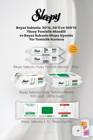 Sleepy Easy Clean 3 Paket, Beyaz Sabunlu 4 XL Yüzey Temizlik Havlusu ve Pamuk