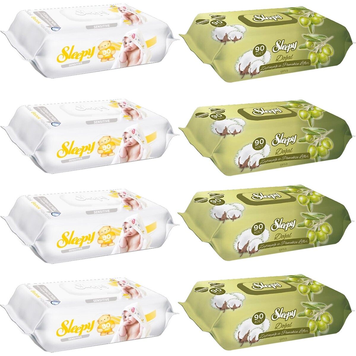 Sleepy Sensitive Islak Havlu 90 Lı 4 Adet + Zeytinyağlı 90 Lı 4 Adet