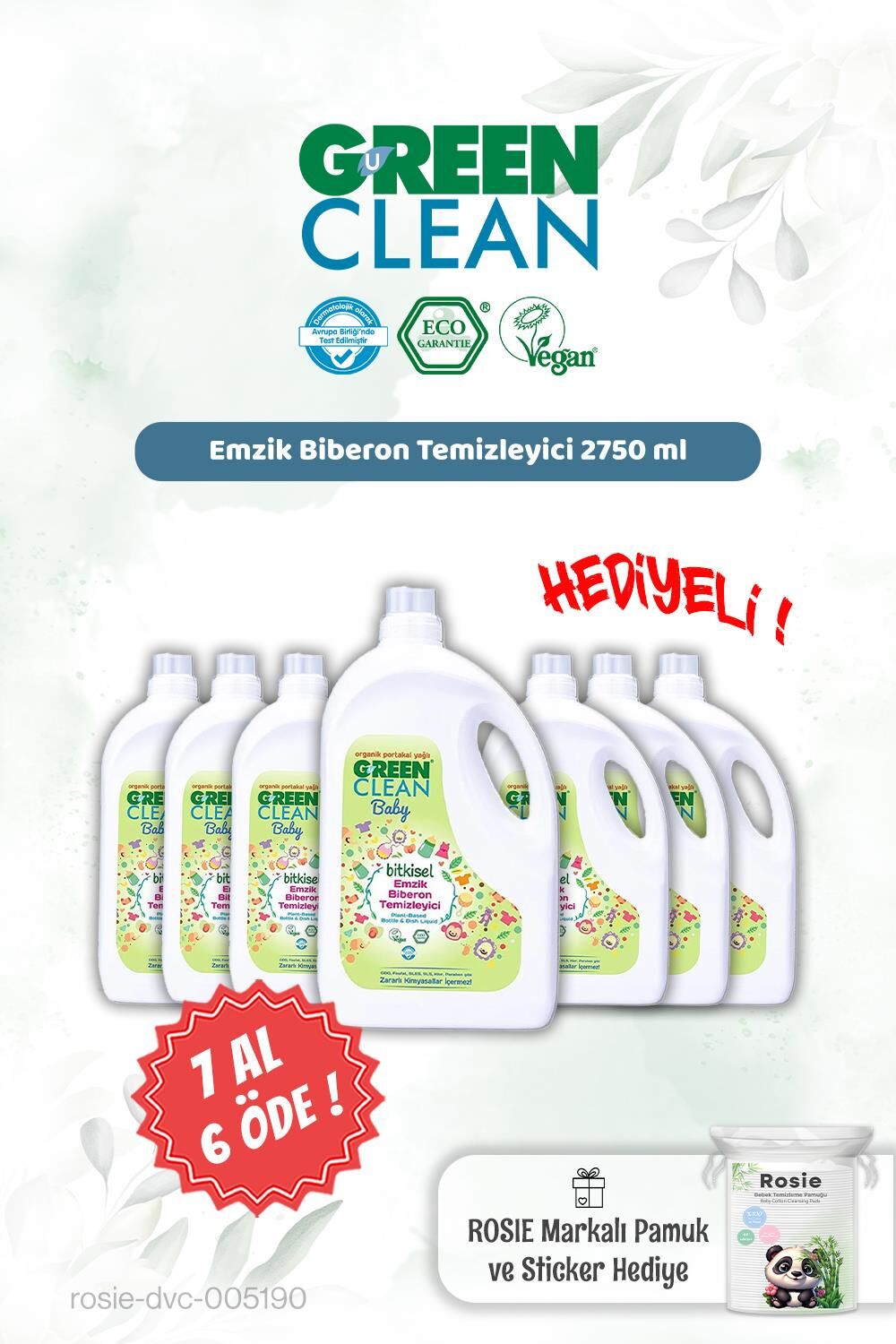 Green Clean 2750 ml Emzik Biberon Tem. 7 AL 6 ÖDE ve Rosie Hediye