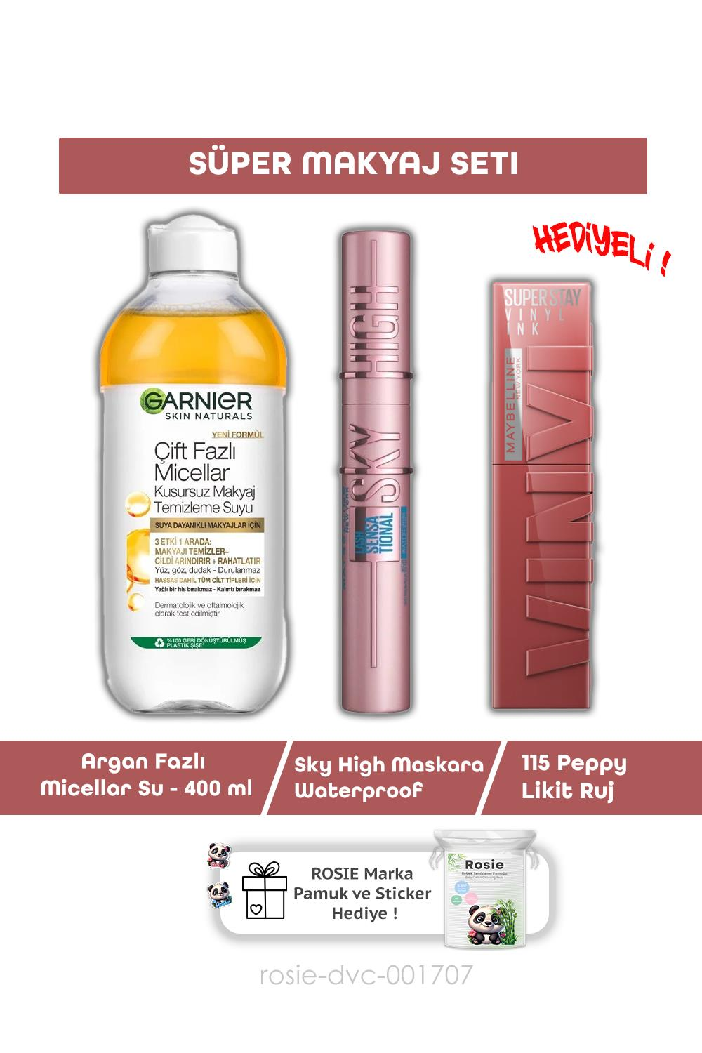 Maybelline Lash Sensational Sky High Maskara,Argan Misel 400 ml ,115 Peppy  Ruj ve ROSIE