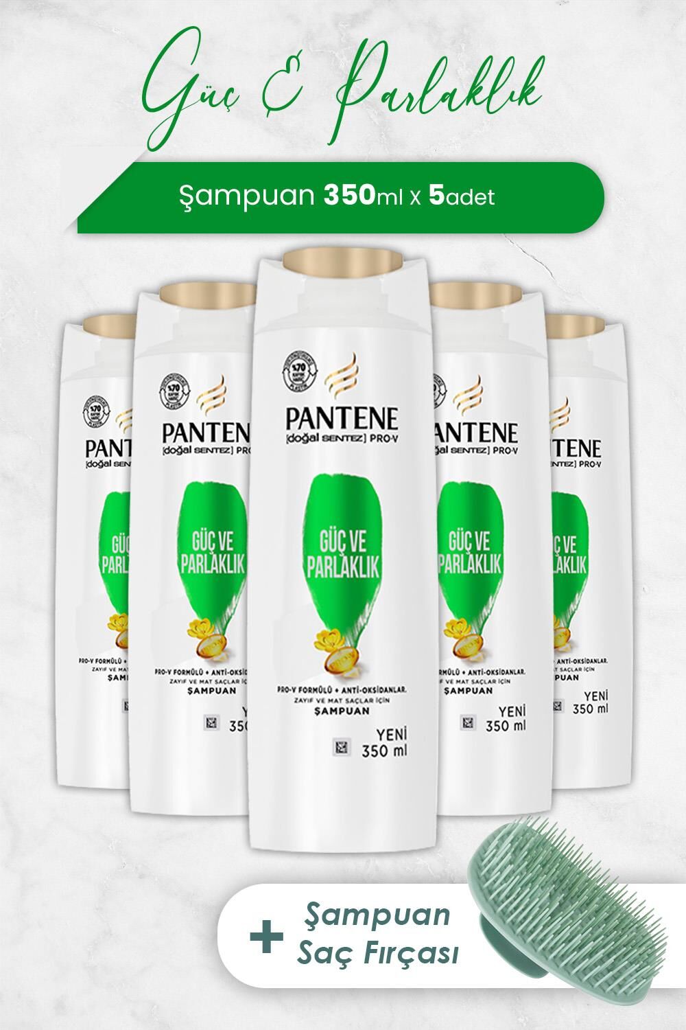 Pantene Şampuan Pro-V Doğal Sentez Güç ve Parlaklık 350 ml x 5 Adet ve Şampuan Fırçası