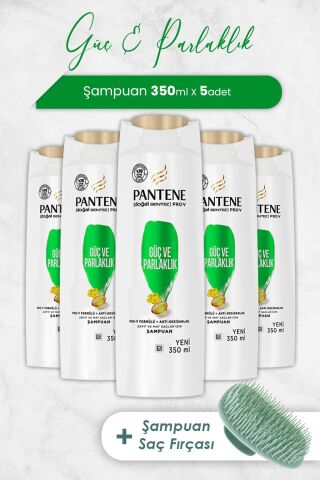 Pantene Şampuan Pro-V Doğal Sentez Güç ve Parlaklık 350 ml x 5 Adet ve Şampuan Fırçası
