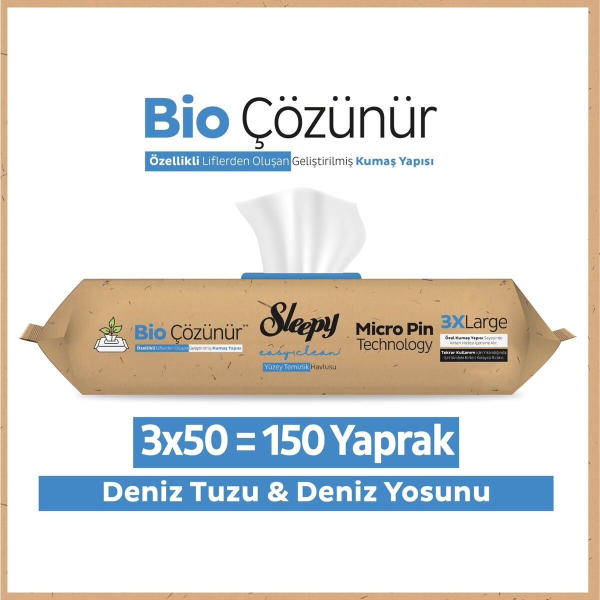 Sleepy Bio Çözünür Yüzey Temizlik Havlusu Deniz Tuzu&Yosun 3x50 (150 Yaprak)