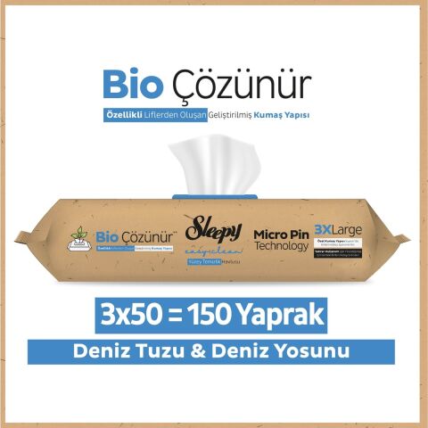 Sleepy Bio Çözünür Yüzey Temizlik Havlusu Deniz Tuzu&Yosun 3x50 (150 Yaprak)