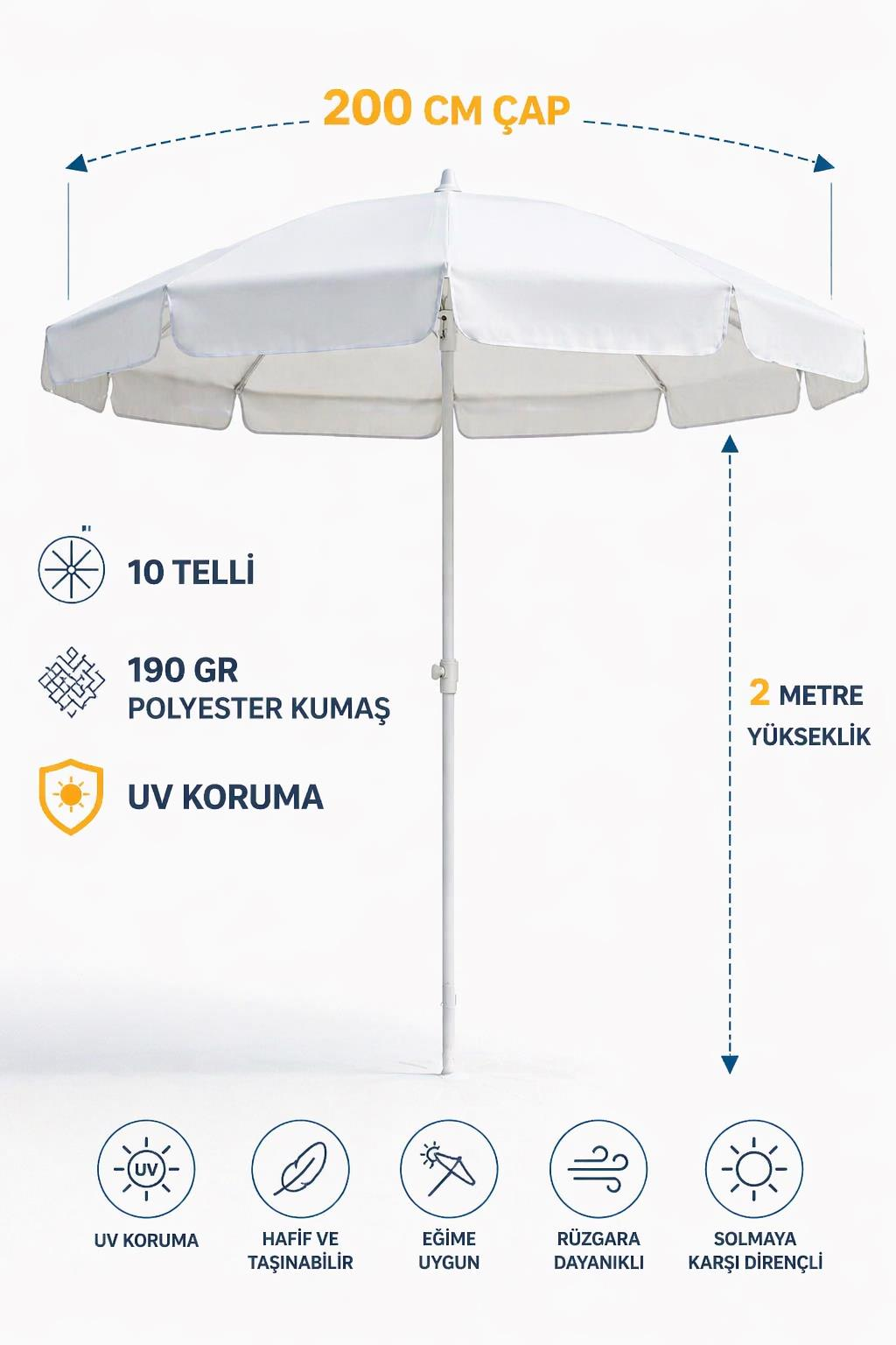 Beyaz Plaj Şemsiyesi 200 cm, 10 telli