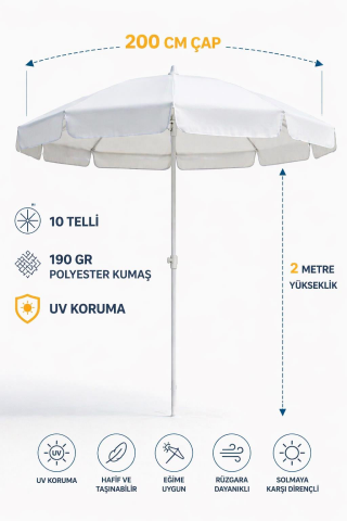 Beyaz Plaj Şemsiyesi 200 cm, 10 telli