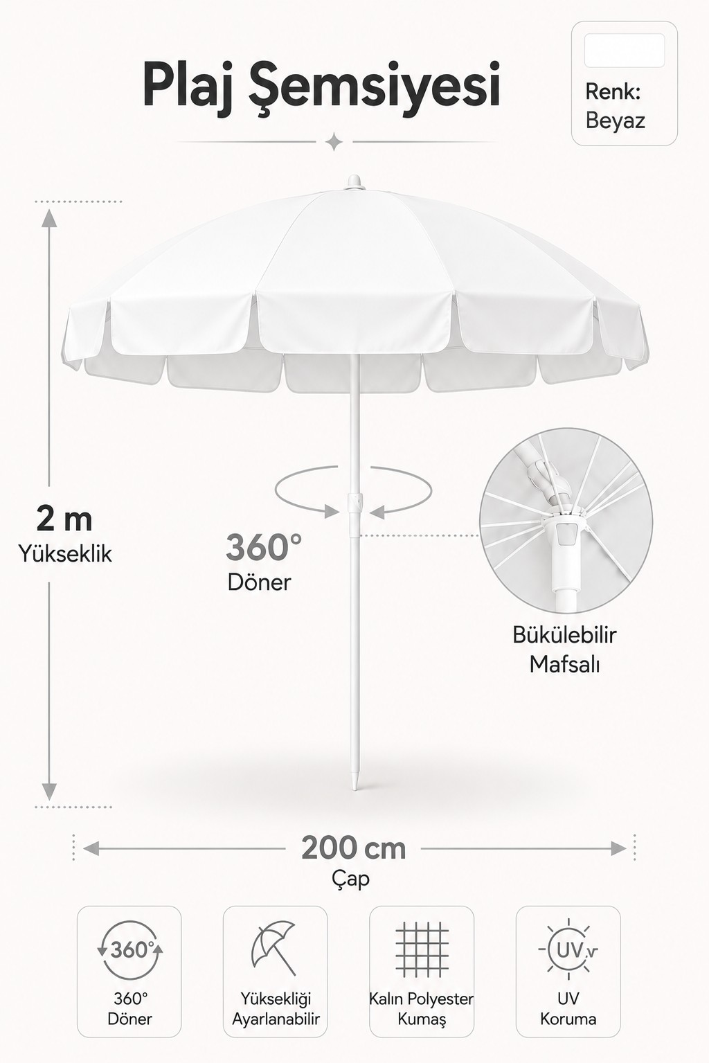 Beyaz Plaj Şemsiyesi 200 cm, 10 telli