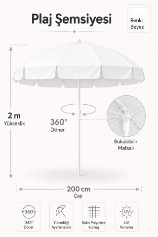 Beyaz Plaj Şemsiyesi 200 cm, 10 telli
