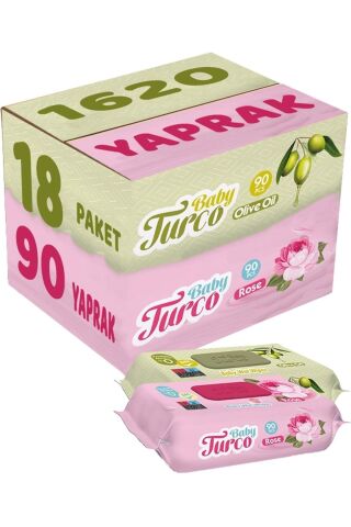 Baby Turco Islak Havlu Mendil 90 Yaprak Karma 18 Li Set (gül/zeytinyağı) 1620 Yaprak