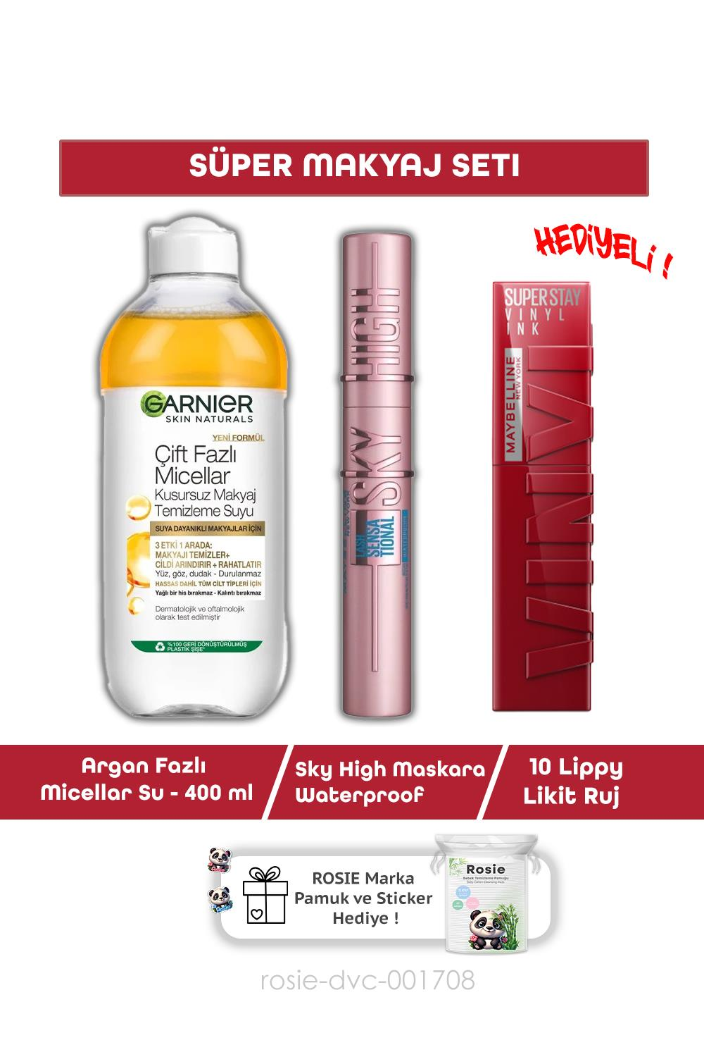 Maybelline Lash Sensational Sky High Maskara,Argan Misel 400 ml , 10 Lippy  Ruj ve ROSIE