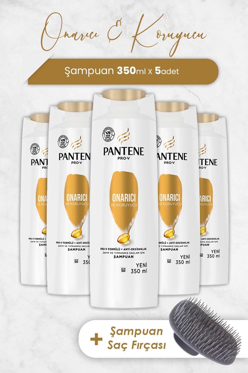 Pantene Şampuan Pro-V Onarıcı ve Koruyucu 350 ml x 5 Adet ve Şampuan Fırçası