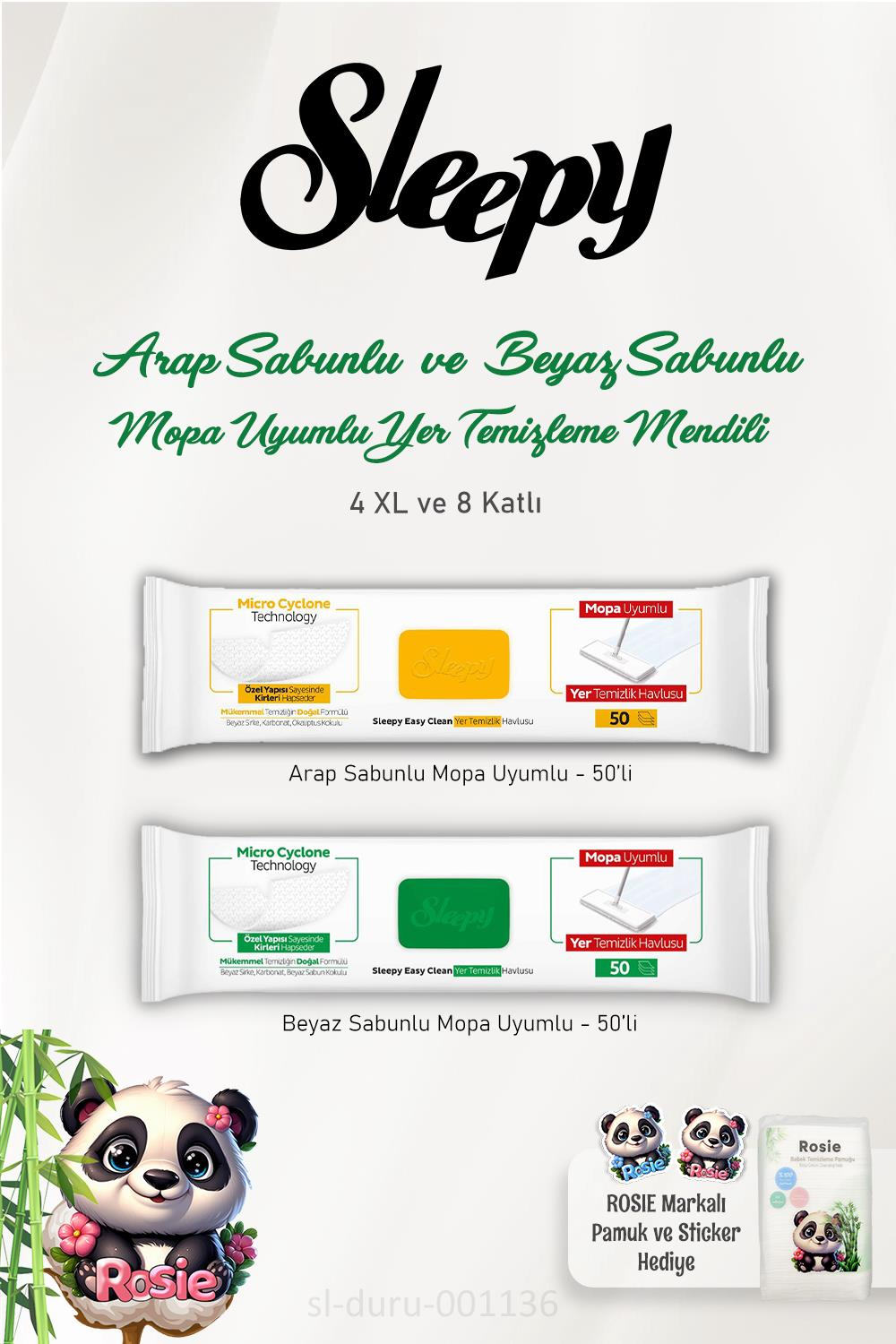 Sleepy Arap Sabun Katkılı 50'li, Beyaz Sabun Katkılı 50'li 4 XLarge Yer Temizlik Havlusu ve ROSIE Pamuk 60'lı