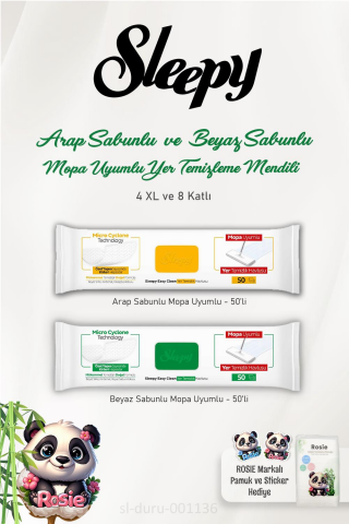 Sleepy Arap Sabun Katkılı 50'li, Beyaz Sabun Katkılı 50'li 4 XLarge Yer Temizlik Havlusu ve ROSIE Pamuk 60'lı