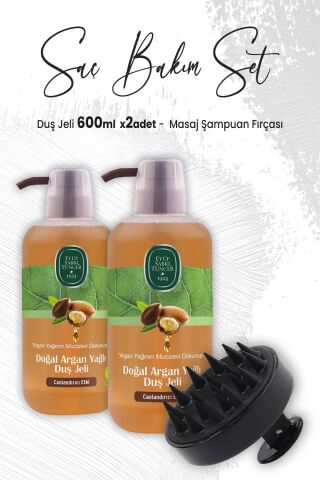 Eyüp Sabri Tuncer Doğal Argan Yağlı Duş Jeli 600 ml x 2 Adet ve Masaj Şampuan Fırçası Siyah