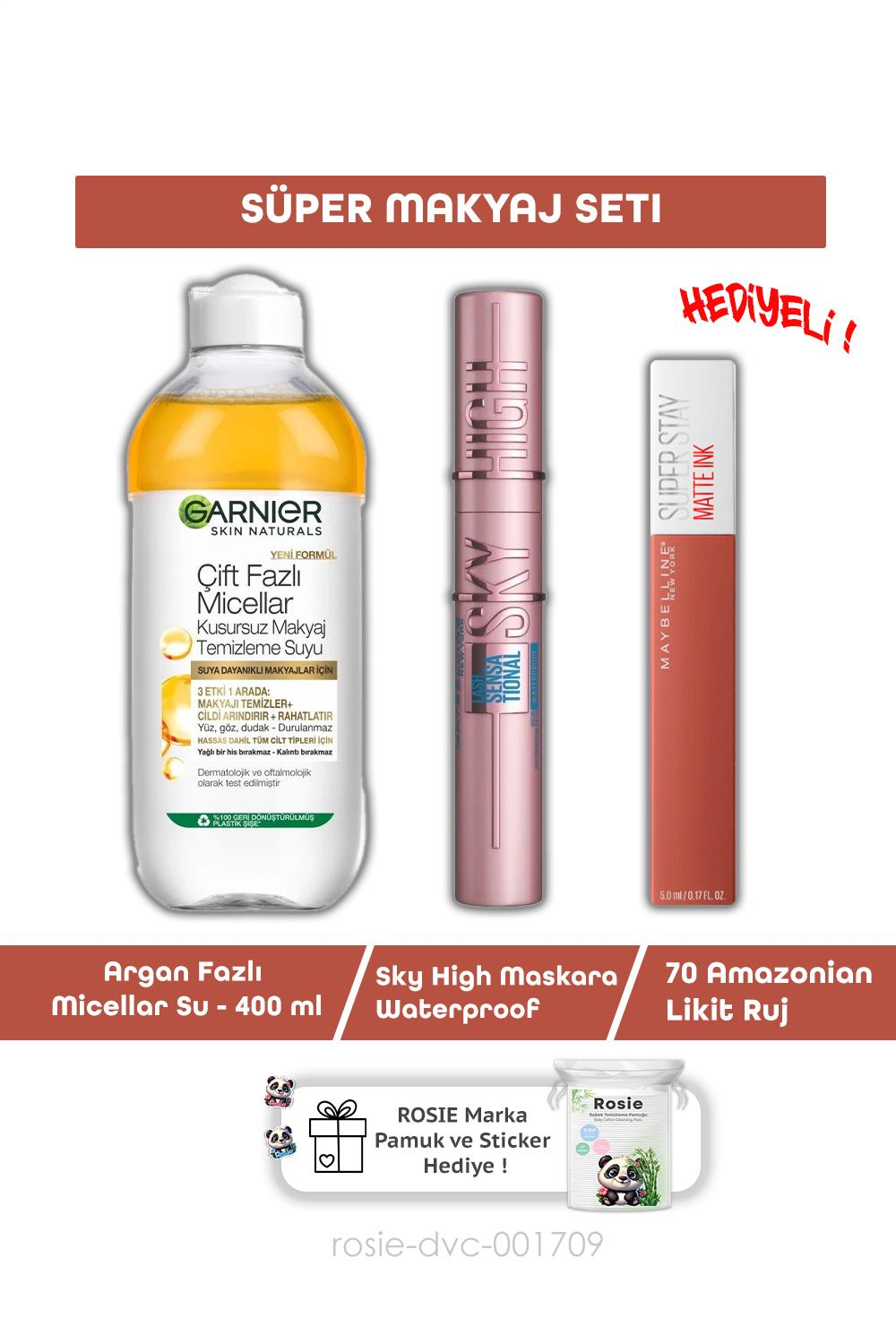 Maybelline Lash Sensational Sky High Maskara,Argan Misel 400 ml ,  70 Amazonian Ruj ve ROSIE