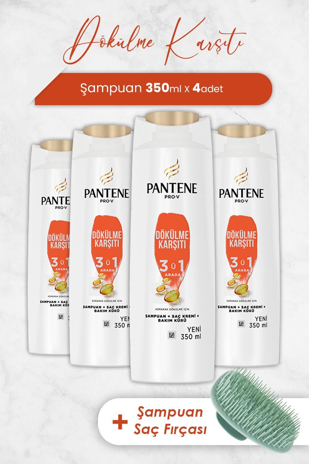 Pantene Şampuan Pro-V Dökülme Karşıtı 3' ü 1 Arada 350 ml x 4 Adet ve Şampuan Fırçası