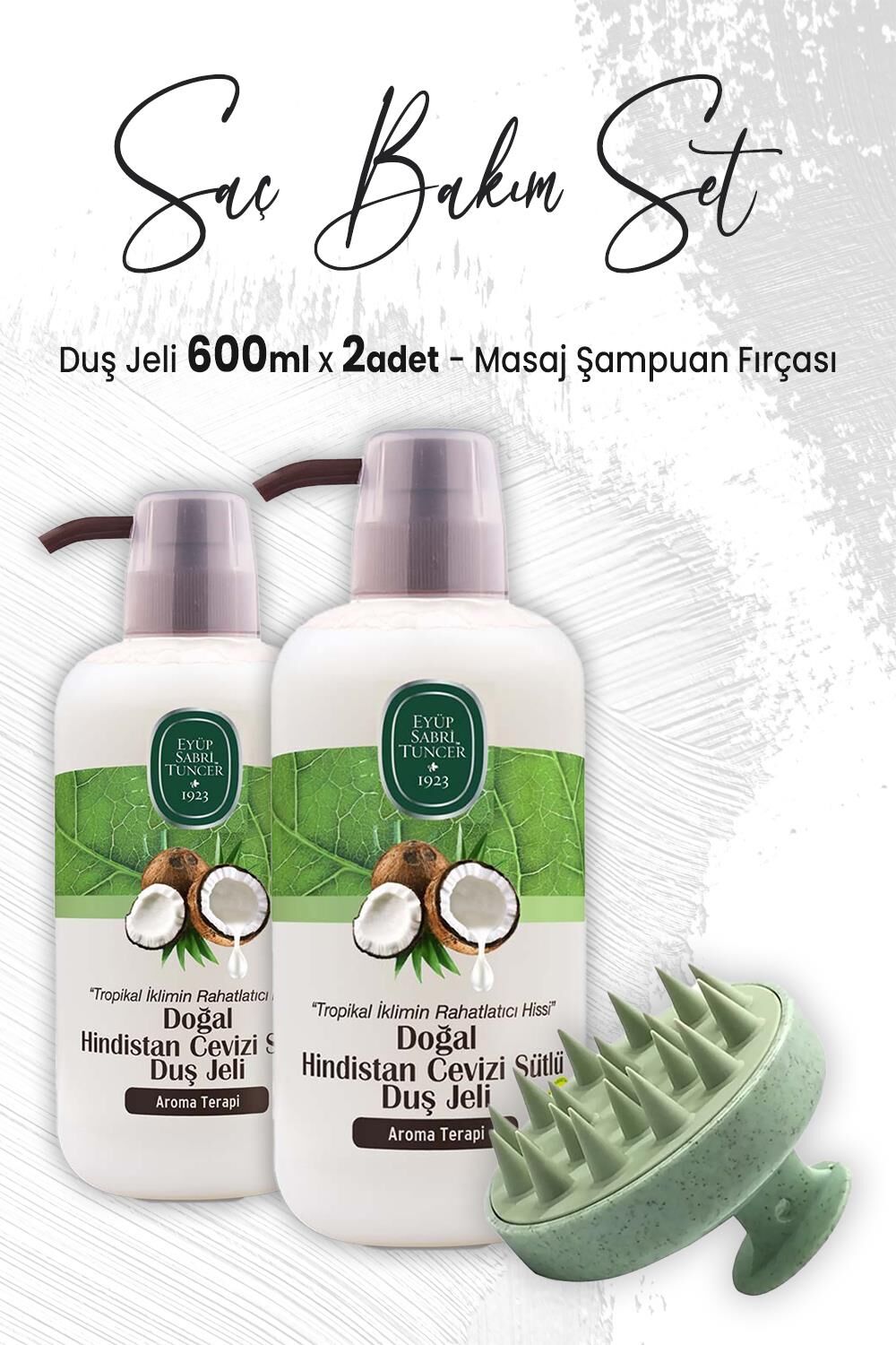 Eyüp Sabri Tuncer Hindistan Cevizi Sütlü Duş Jeli 600 ml x 2 Adet ve Masaj Şampuan Fırçası Yeşil