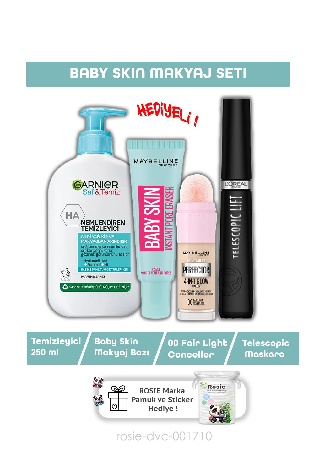 Loreal Paris Telescopic Maskara, Baby Skin Gözenek Gizleyici, Conceller Fair Light, Yüz Temizleyici 250 ml ve ROSIE