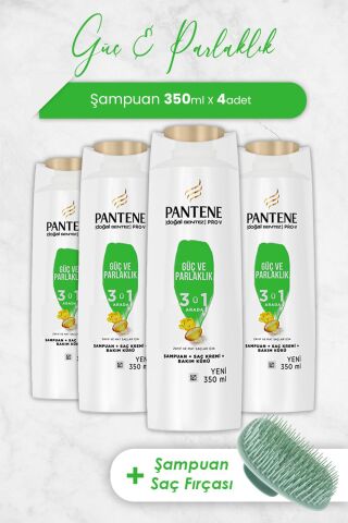 Pantene Şampuan Pro-V Doğal Sentez Güç ve Parlaklık 3'ü 1 Arada 350 ml x 4 Adet ve Şampuan Fırçası